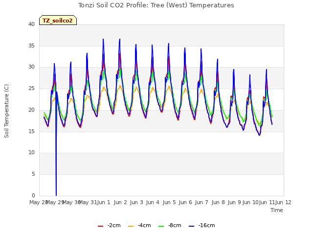 plot of Tonzi Soil CO2 Profile: Tree (West) Temperatures