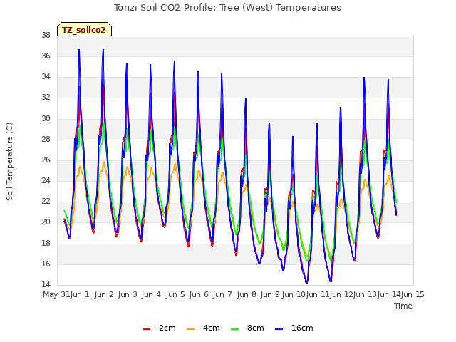 plot of Tonzi Soil CO2 Profile: Tree (West) Temperatures