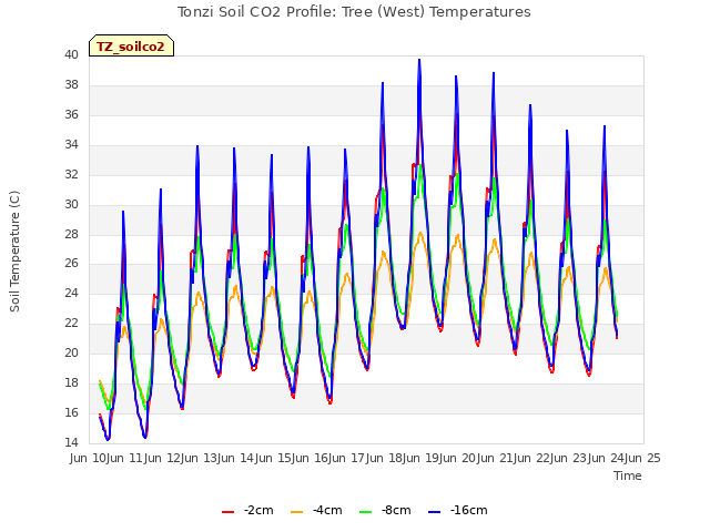 plot of Tonzi Soil CO2 Profile: Tree (West) Temperatures