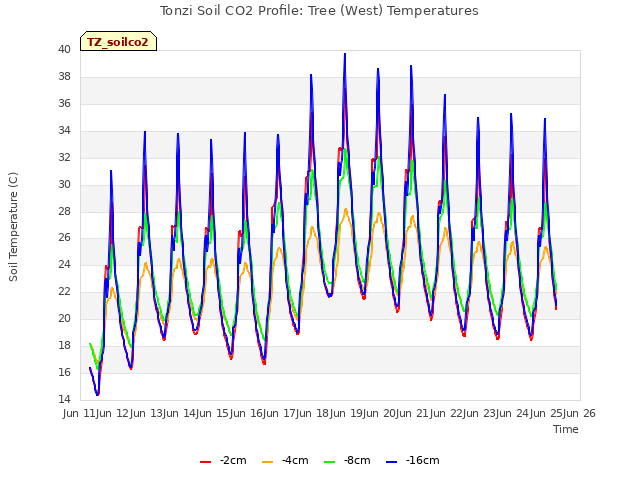 plot of Tonzi Soil CO2 Profile: Tree (West) Temperatures