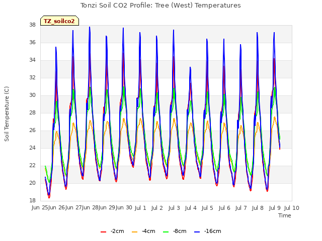 plot of Tonzi Soil CO2 Profile: Tree (West) Temperatures