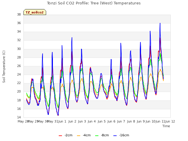 plot of Tonzi Soil CO2 Profile: Tree (West) Temperatures