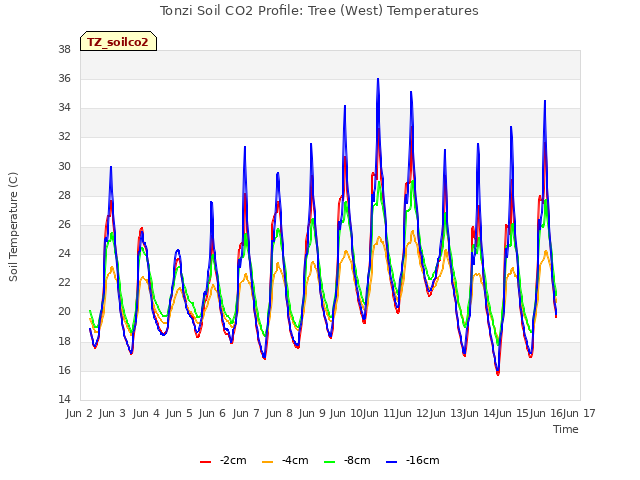 plot of Tonzi Soil CO2 Profile: Tree (West) Temperatures