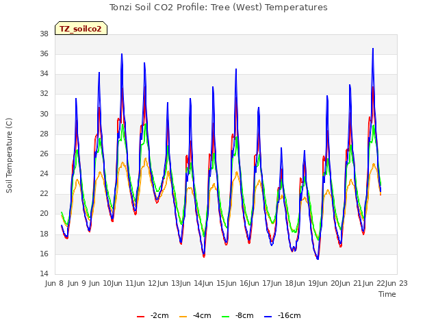 plot of Tonzi Soil CO2 Profile: Tree (West) Temperatures