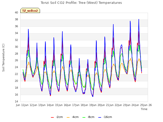 plot of Tonzi Soil CO2 Profile: Tree (West) Temperatures