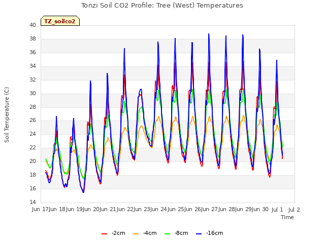 plot of Tonzi Soil CO2 Profile: Tree (West) Temperatures