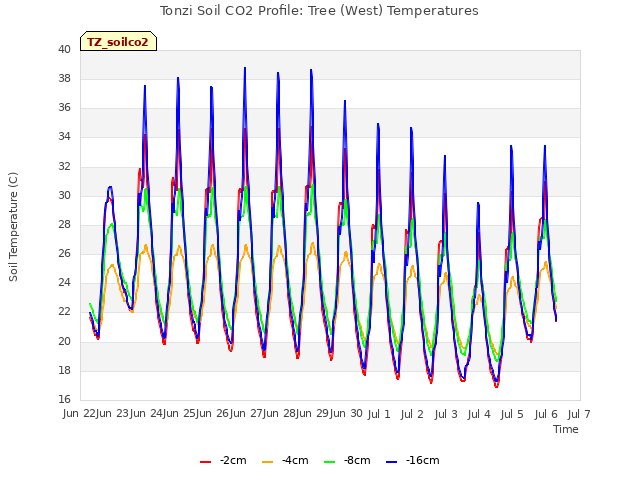 plot of Tonzi Soil CO2 Profile: Tree (West) Temperatures