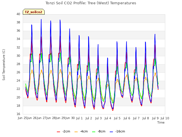 plot of Tonzi Soil CO2 Profile: Tree (West) Temperatures