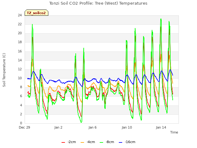 Explore the graph:Tonzi Soil CO2 Profile: Tree (West) Temperatures in a new window