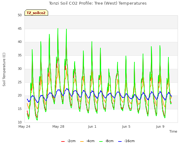 Explore the graph:Tonzi Soil CO2 Profile: Tree (West) Temperatures in a new window