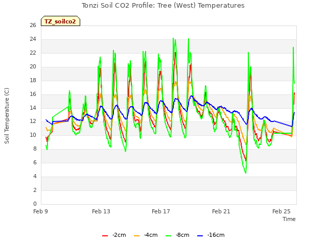 Explore the graph:Tonzi Soil CO2 Profile: Tree (West) Temperatures in a new window