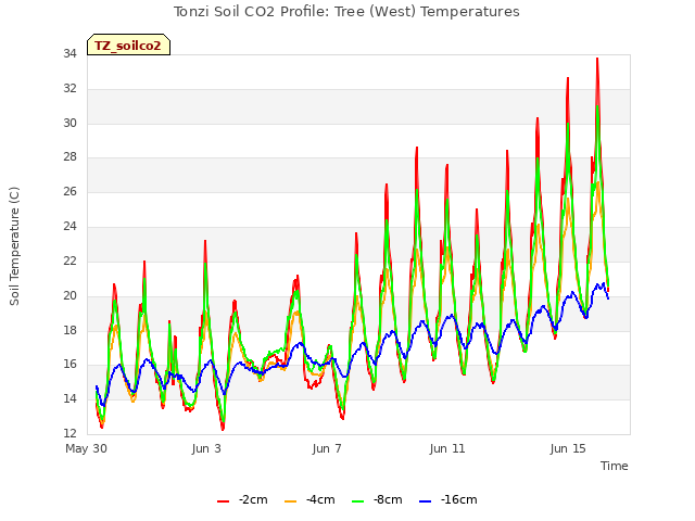 Explore the graph:Tonzi Soil CO2 Profile: Tree (West) Temperatures in a new window