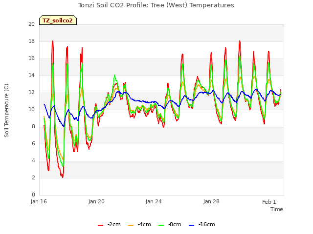 Explore the graph:Tonzi Soil CO2 Profile: Tree (West) Temperatures in a new window