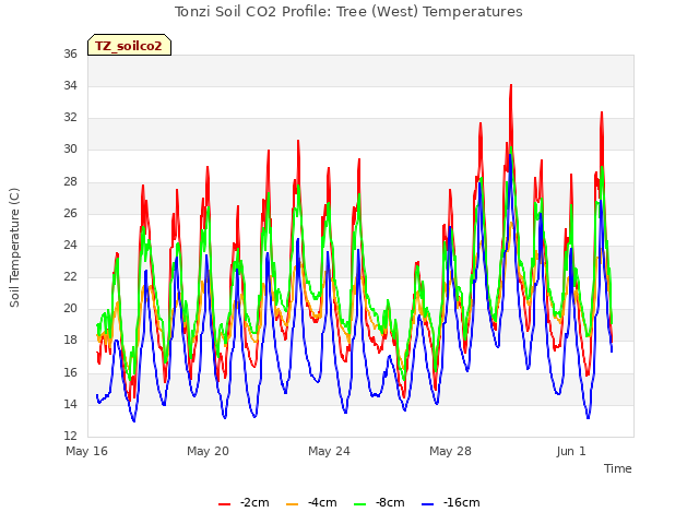 Explore the graph:Tonzi Soil CO2 Profile: Tree (West) Temperatures in a new window