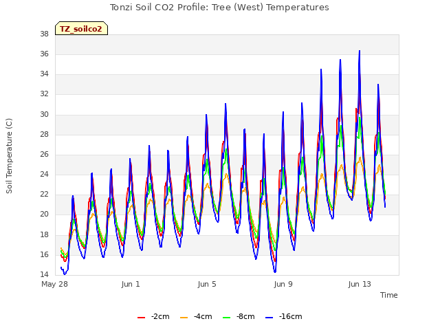 Explore the graph:Tonzi Soil CO2 Profile: Tree (West) Temperatures in a new window