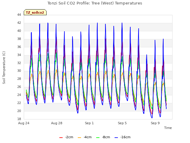 Explore the graph:Tonzi Soil CO2 Profile: Tree (West) Temperatures in a new window