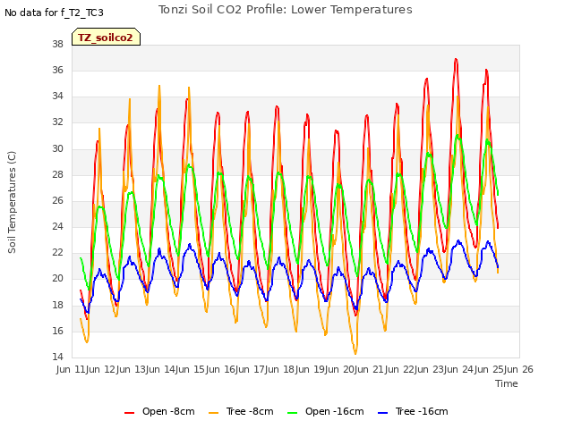 plot of Tonzi Soil CO2 Profile: Lower Temperatures