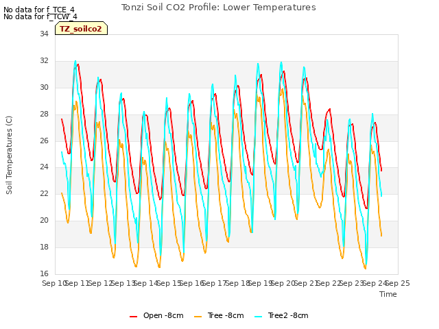 plot of Tonzi Soil CO2 Profile: Lower Temperatures