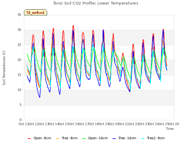 plot of Tonzi Soil CO2 Profile: Lower Temperatures