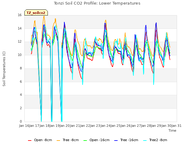 plot of Tonzi Soil CO2 Profile: Lower Temperatures