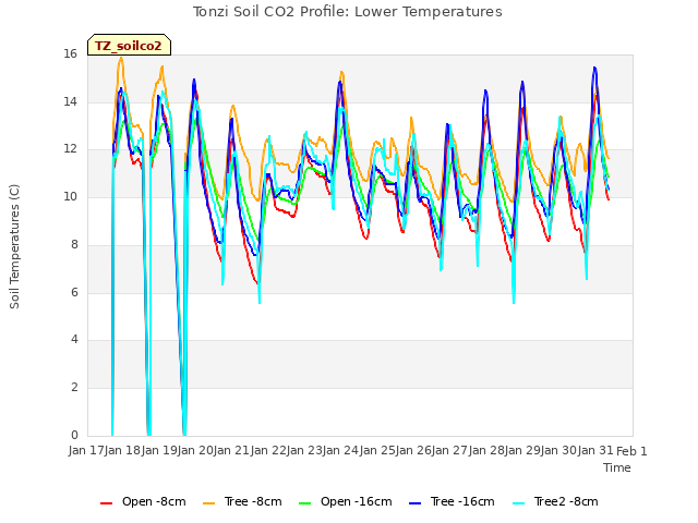 plot of Tonzi Soil CO2 Profile: Lower Temperatures