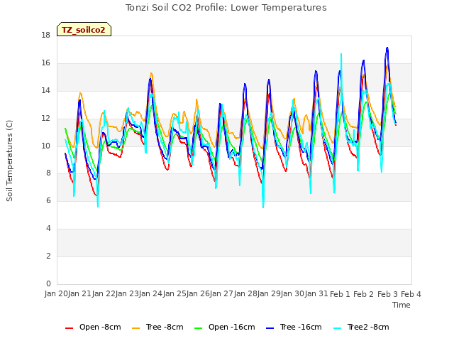 plot of Tonzi Soil CO2 Profile: Lower Temperatures