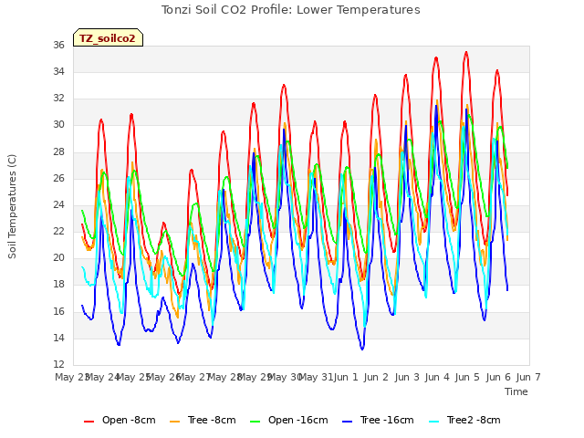 plot of Tonzi Soil CO2 Profile: Lower Temperatures