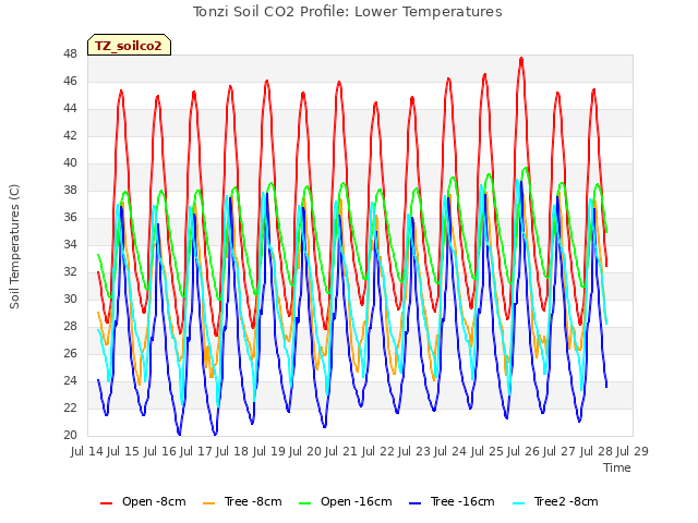 plot of Tonzi Soil CO2 Profile: Lower Temperatures