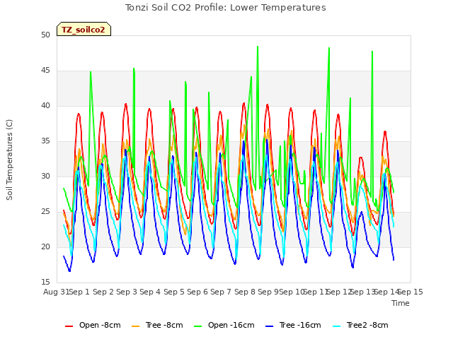 plot of Tonzi Soil CO2 Profile: Lower Temperatures