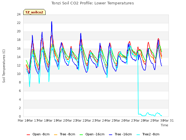 plot of Tonzi Soil CO2 Profile: Lower Temperatures