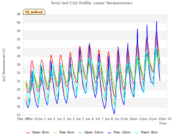 plot of Tonzi Soil CO2 Profile: Lower Temperatures