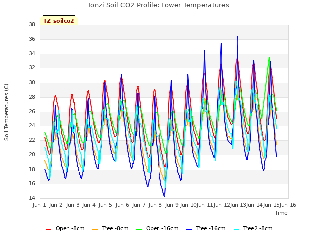 plot of Tonzi Soil CO2 Profile: Lower Temperatures