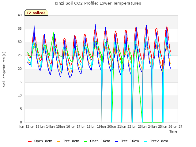 plot of Tonzi Soil CO2 Profile: Lower Temperatures