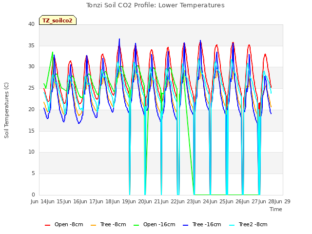 plot of Tonzi Soil CO2 Profile: Lower Temperatures