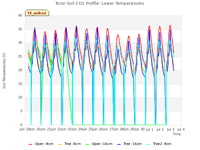 plot of Tonzi Soil CO2 Profile: Lower Temperatures