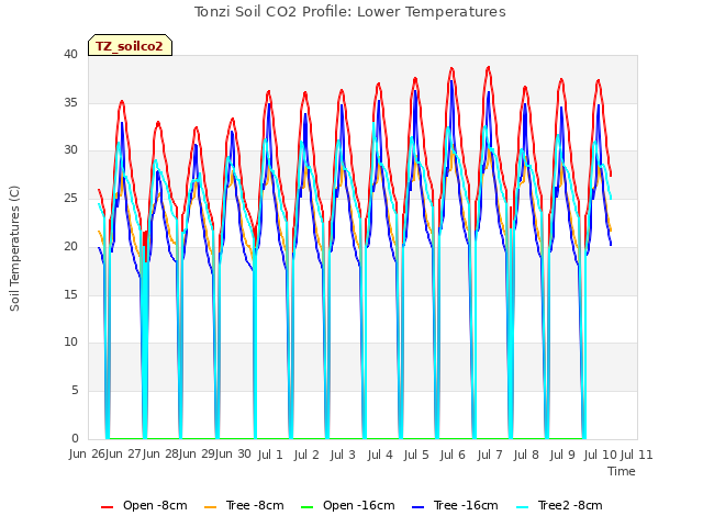 plot of Tonzi Soil CO2 Profile: Lower Temperatures