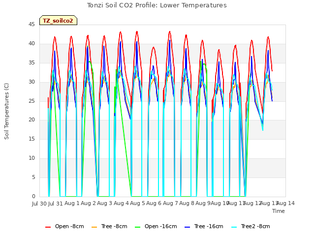 plot of Tonzi Soil CO2 Profile: Lower Temperatures