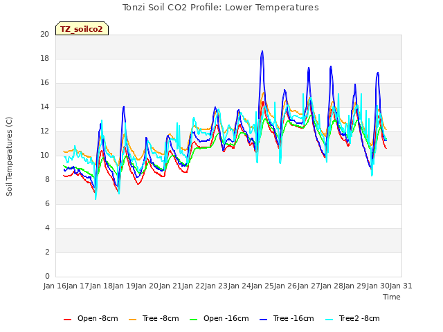 plot of Tonzi Soil CO2 Profile: Lower Temperatures