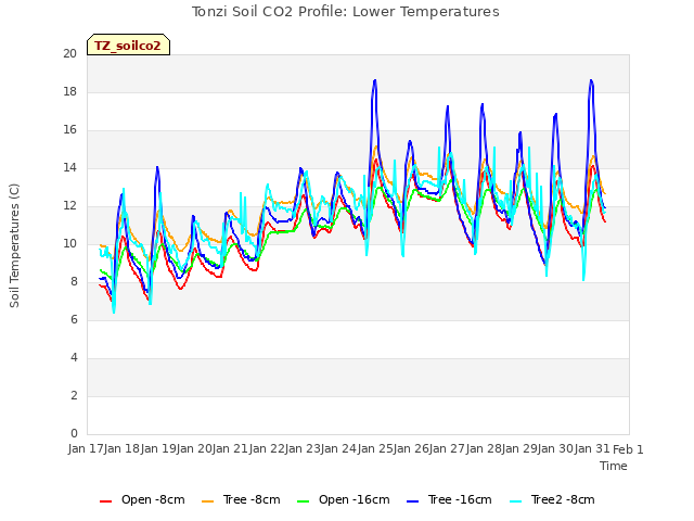 plot of Tonzi Soil CO2 Profile: Lower Temperatures