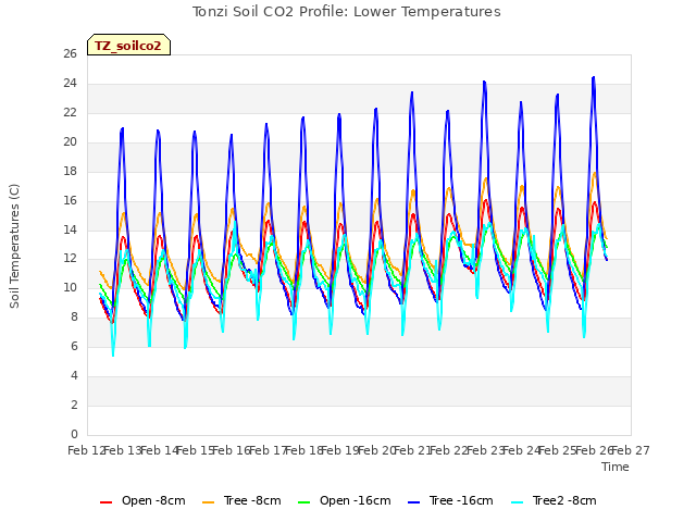 plot of Tonzi Soil CO2 Profile: Lower Temperatures