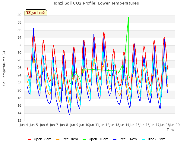 plot of Tonzi Soil CO2 Profile: Lower Temperatures