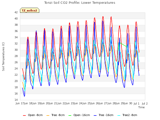 plot of Tonzi Soil CO2 Profile: Lower Temperatures