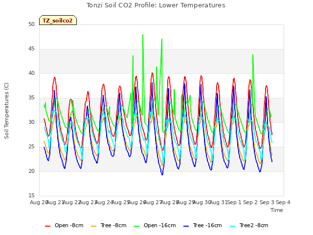 plot of Tonzi Soil CO2 Profile: Lower Temperatures