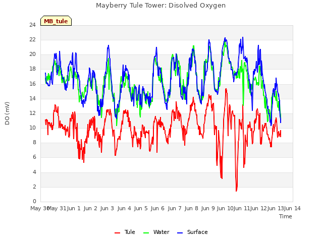 plot of Mayberry Tule Tower: Disolved Oxygen