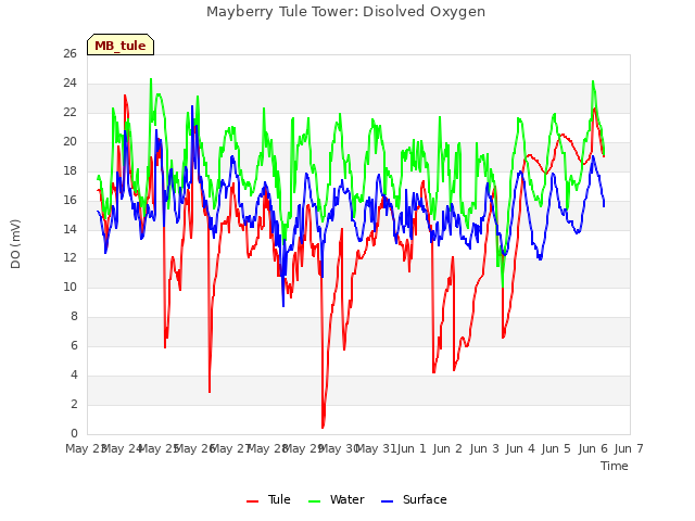 plot of Mayberry Tule Tower: Disolved Oxygen