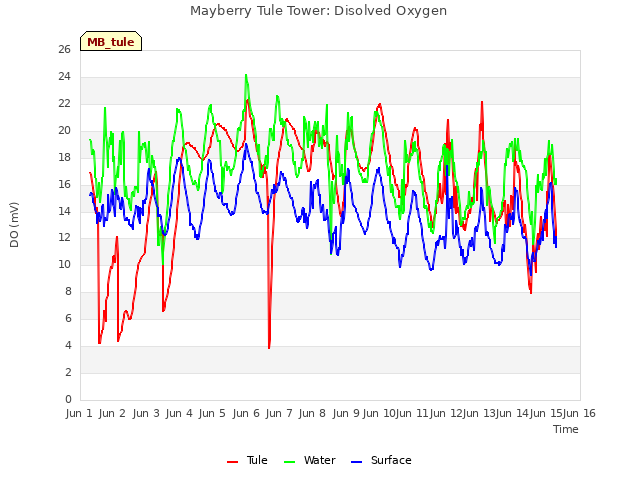 plot of Mayberry Tule Tower: Disolved Oxygen