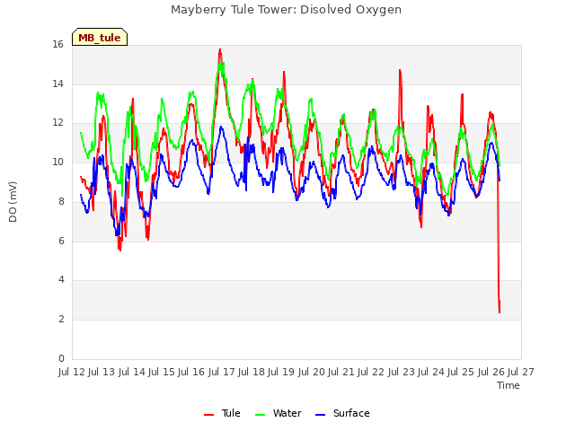 plot of Mayberry Tule Tower: Disolved Oxygen