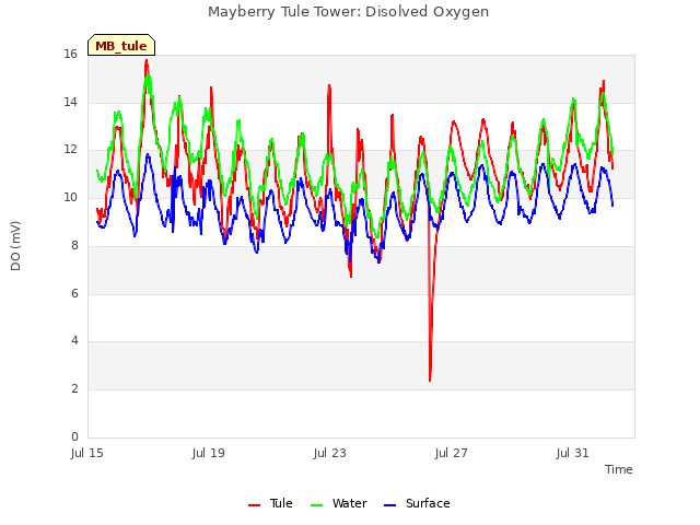 Explore the graph:Mayberry Tule Tower: Disolved Oxygen in a new window