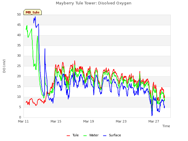 Explore the graph:Mayberry Tule Tower: Disolved Oxygen in a new window