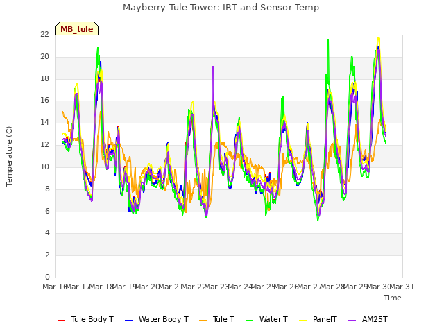plot of Mayberry Tule Tower: IRT and Sensor Temp
